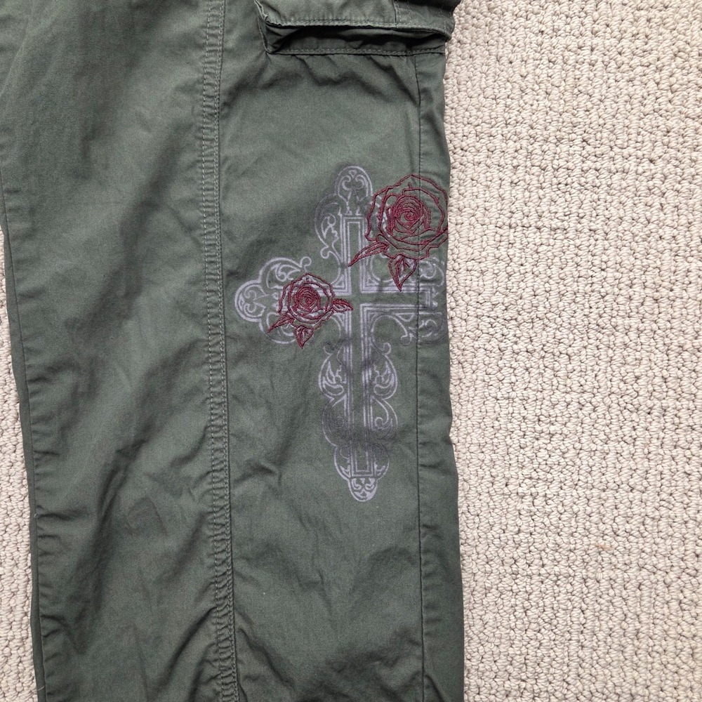 Hot Topic Green Cargo‎ Pants Skull Rose Cross Graphic Goth Grudge Y2K Womens 7 - Picture 7 of 11